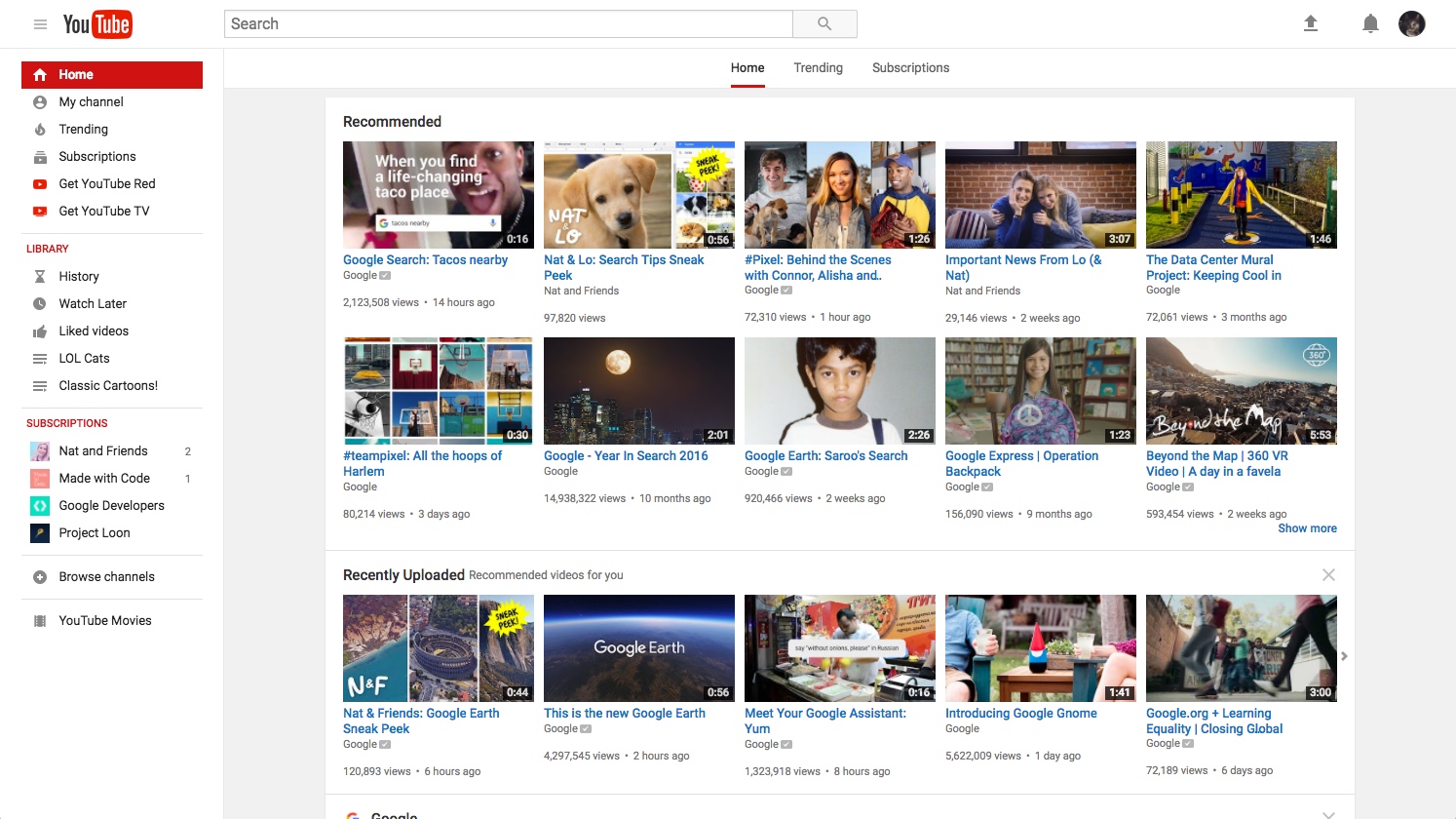 YouTube homepage before redesign (2017)